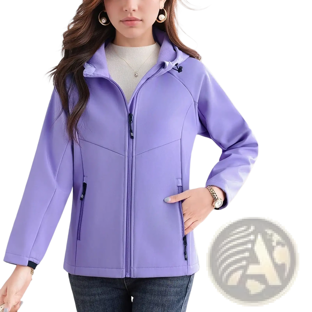 Women’s waterproof fleece hiking jacket in soft lavender with full zipper, hood, and two side pockets