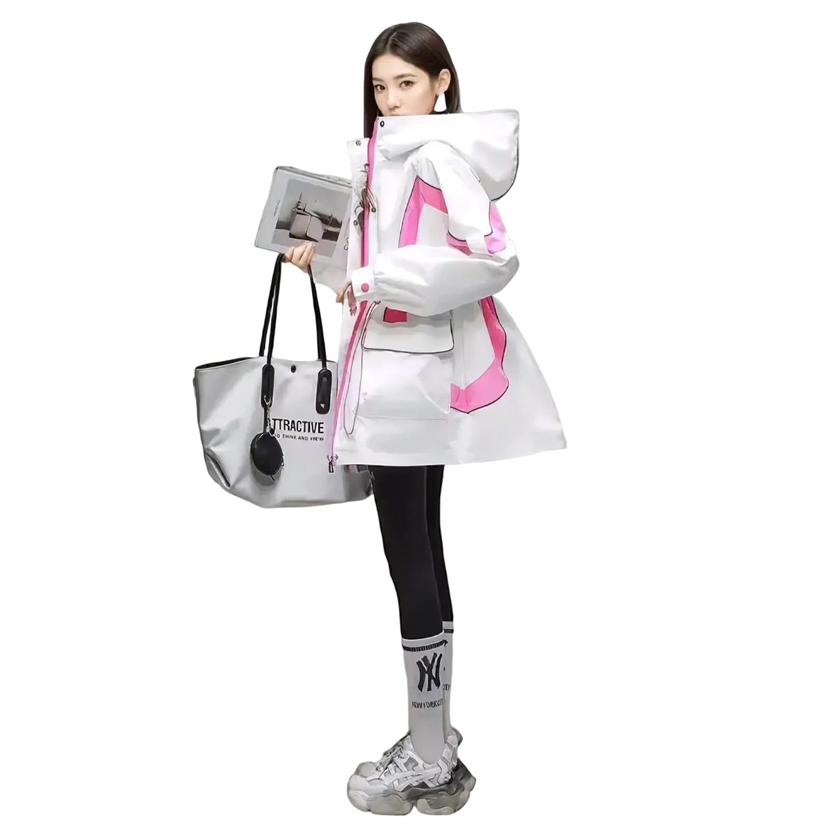 Women’s waterproof hooded trench coat in white and pink with bold fuchsia geometric panels on sleeves and front