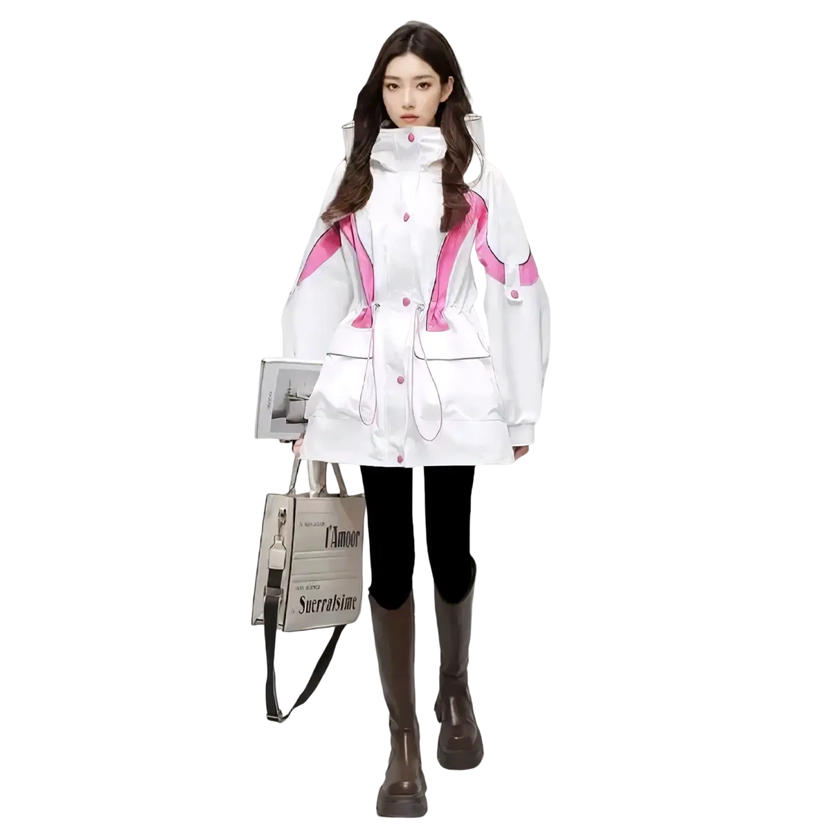Women’s waterproof hooded trench coat in pink and white with reflective trim designed for outdoor protection