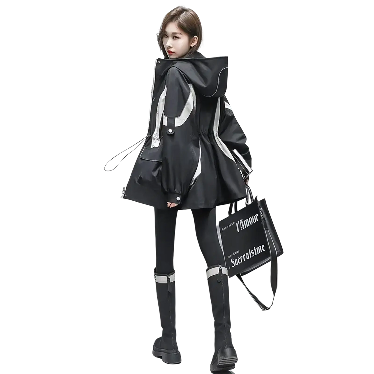 Black hooded jacket with white reflective stripes and quilted inner lining shown from the front