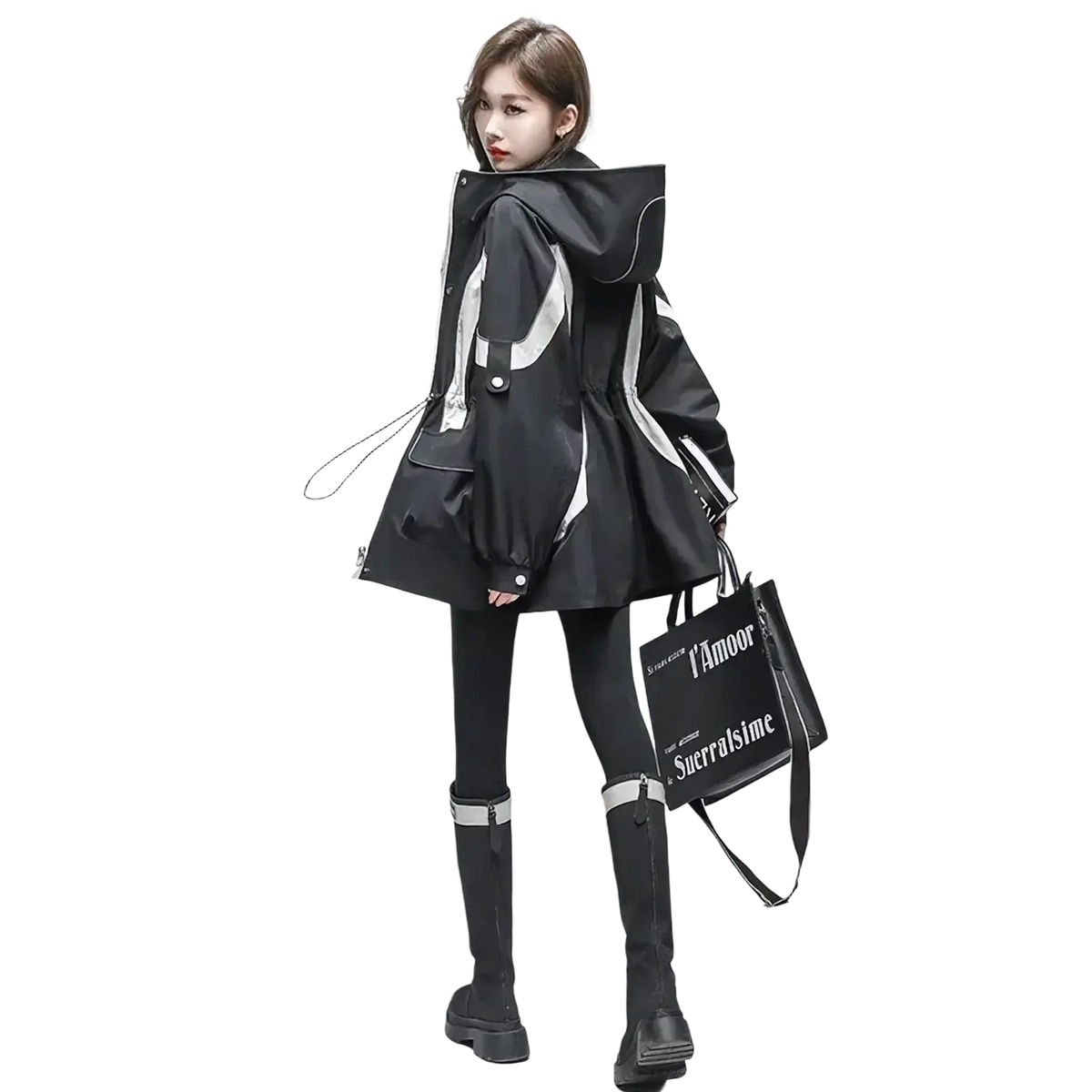 Black hooded waterproof raincoat with reflective silver stripes and drawstring waistband for women shown from the back