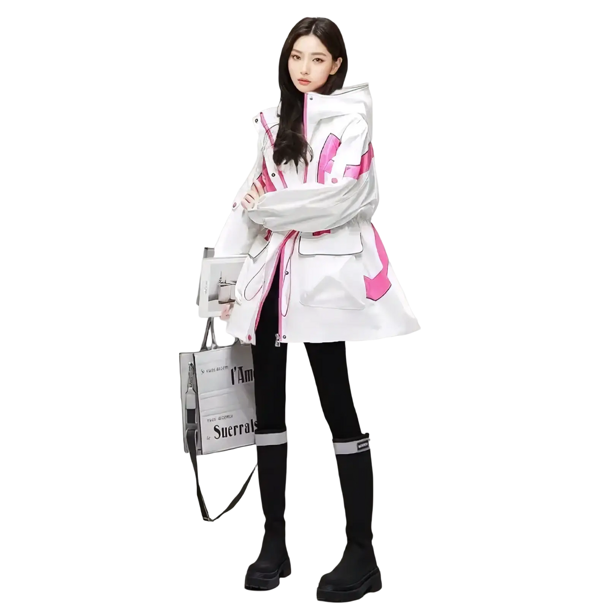 Women’s waterproof hooded trench coat in pink and white with bold geometric patterns and graphic puffer design