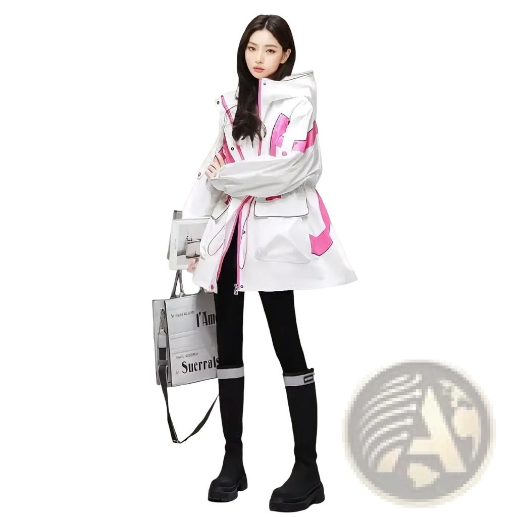 Women’s waterproof hooded trench coat in pink and white with bold geometric patterns and graphic puffer design