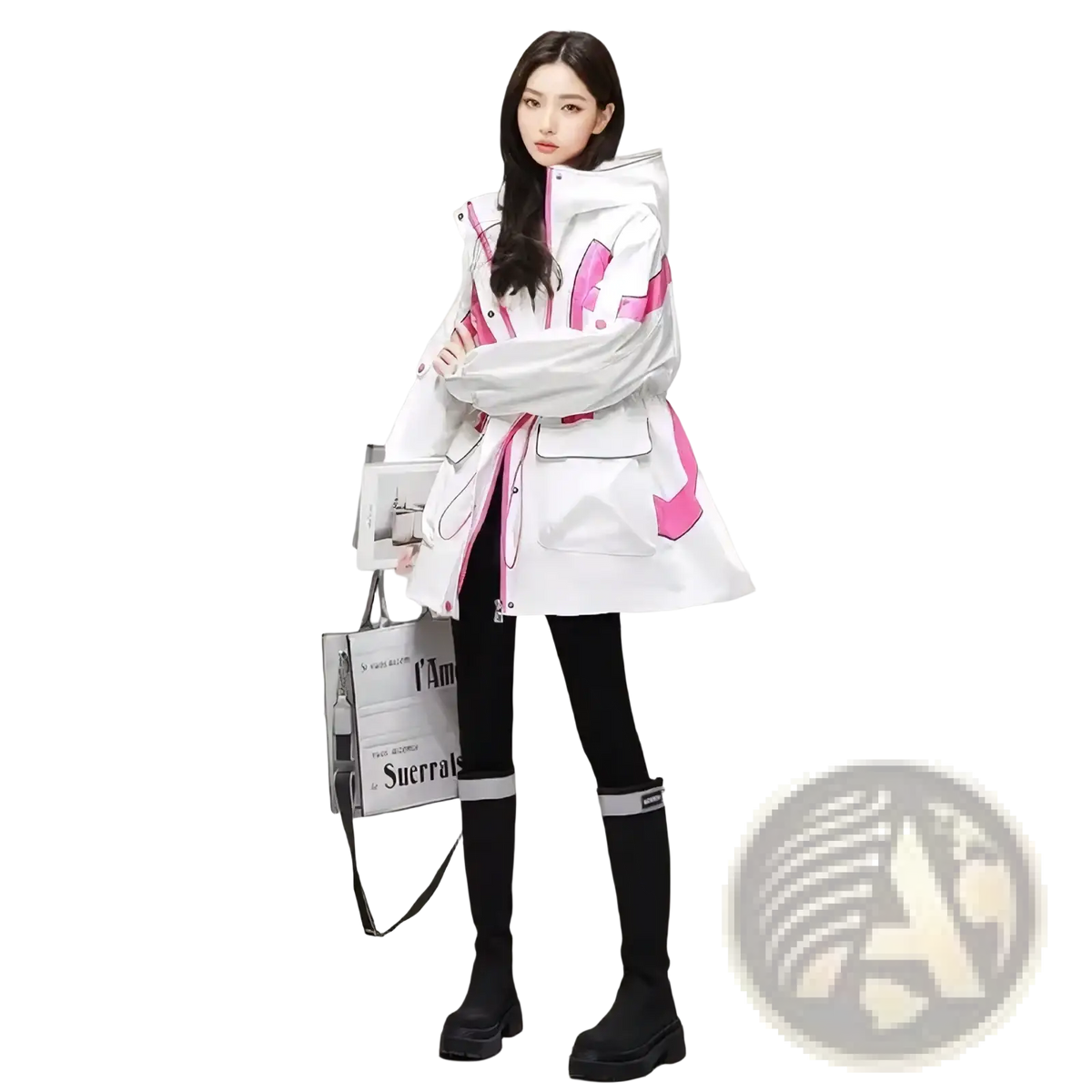 Women’s waterproof hooded trench coat in pink and white with bold geometric patterns and graphic puffer design