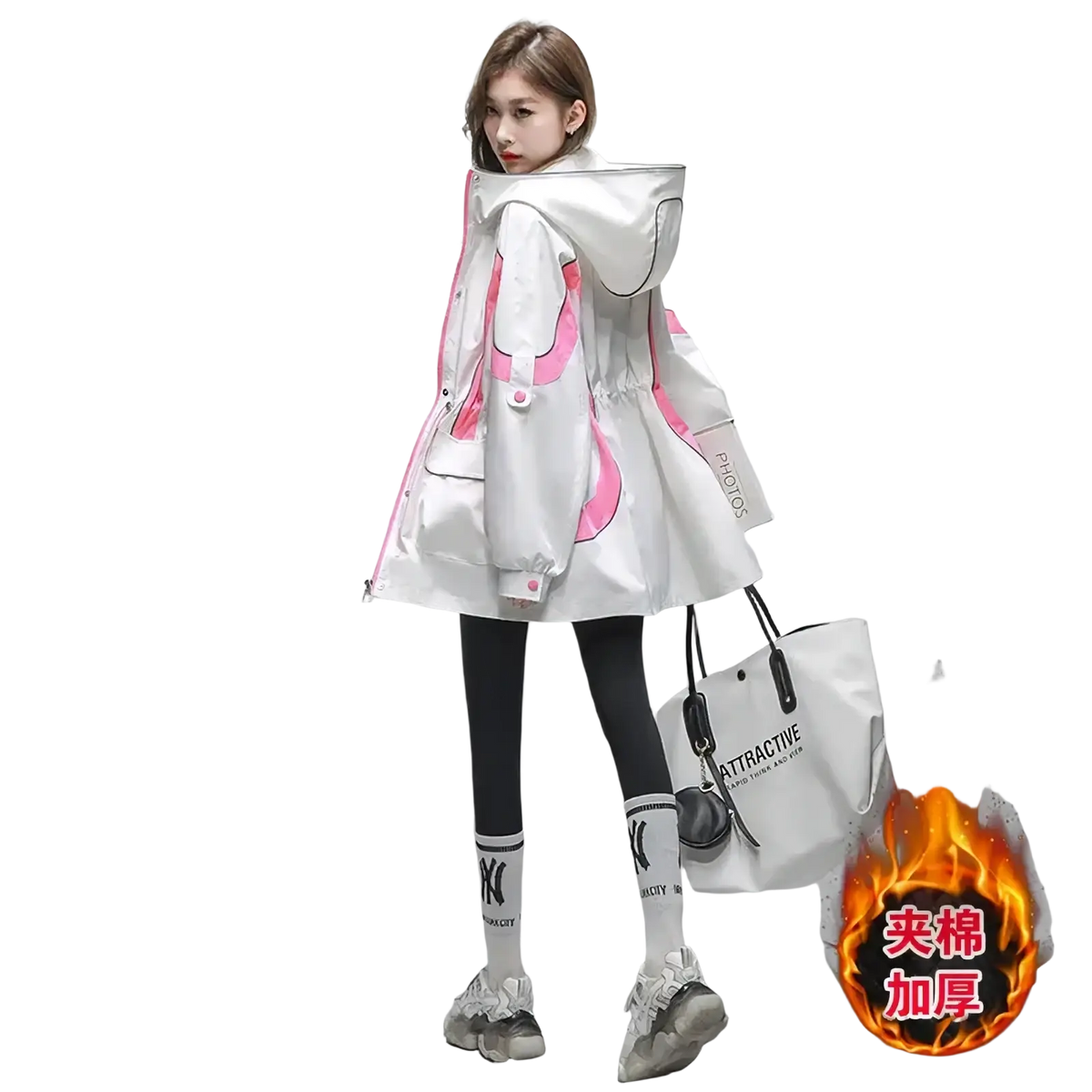 Women’s waterproof hooded trench coat in white with pink accents made of shiny water-resistant material