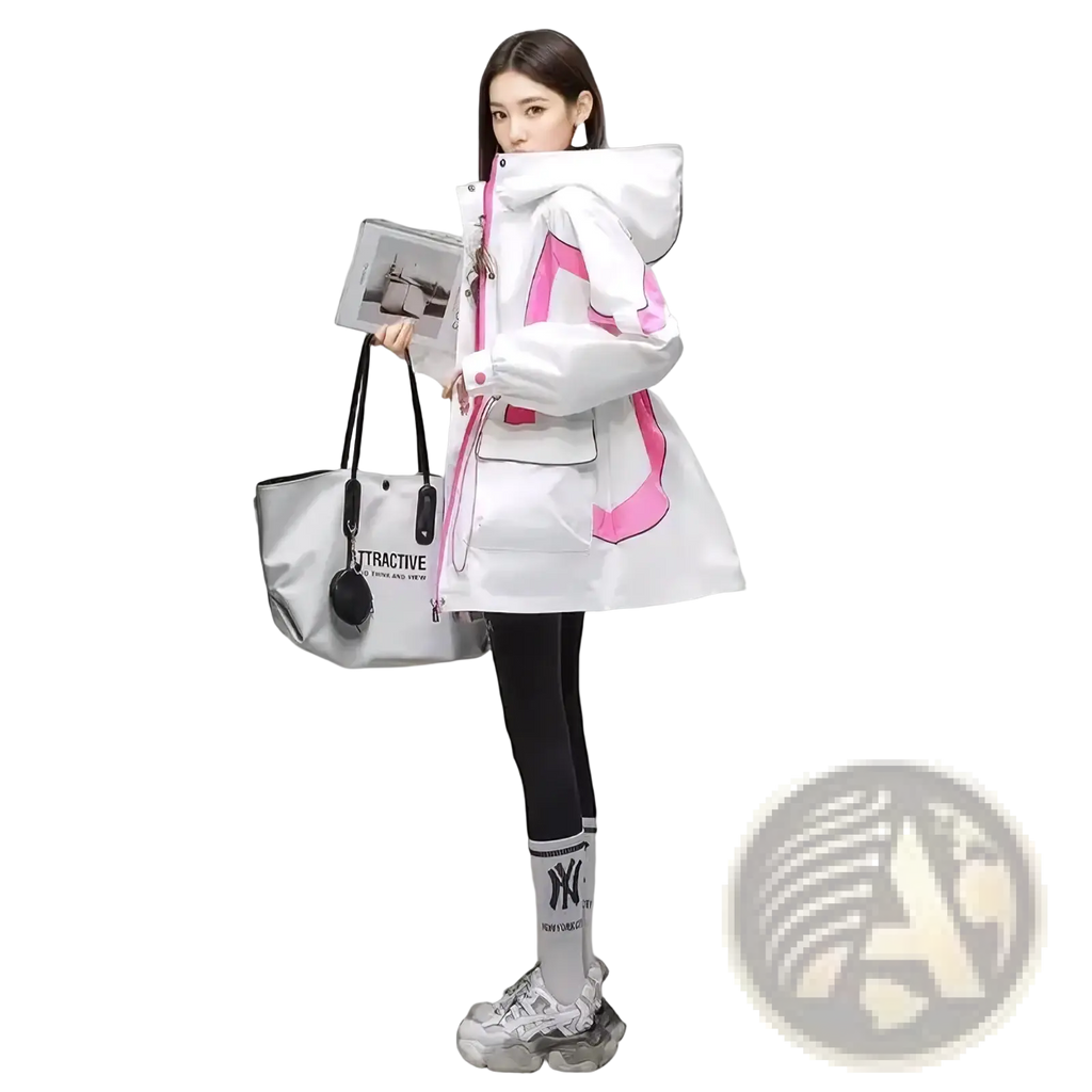 Women’s waterproof hooded trench coat in white and pink with bold fuchsia geometric panels on sleeves and front