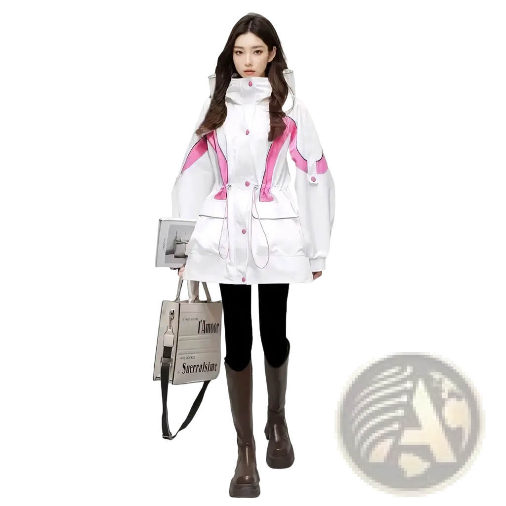 Women’s waterproof hooded trench coat in pink and white with reflective trim designed for outdoor protection