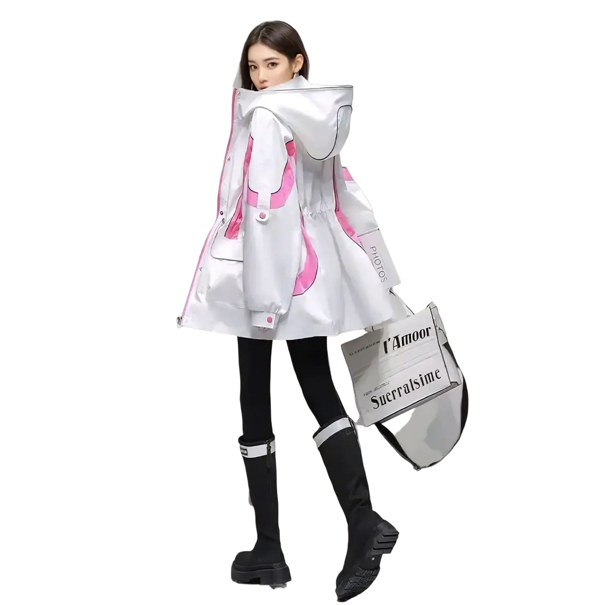 Women’s waterproof hooded trench coat in white with pink graphic accents featuring a modern design