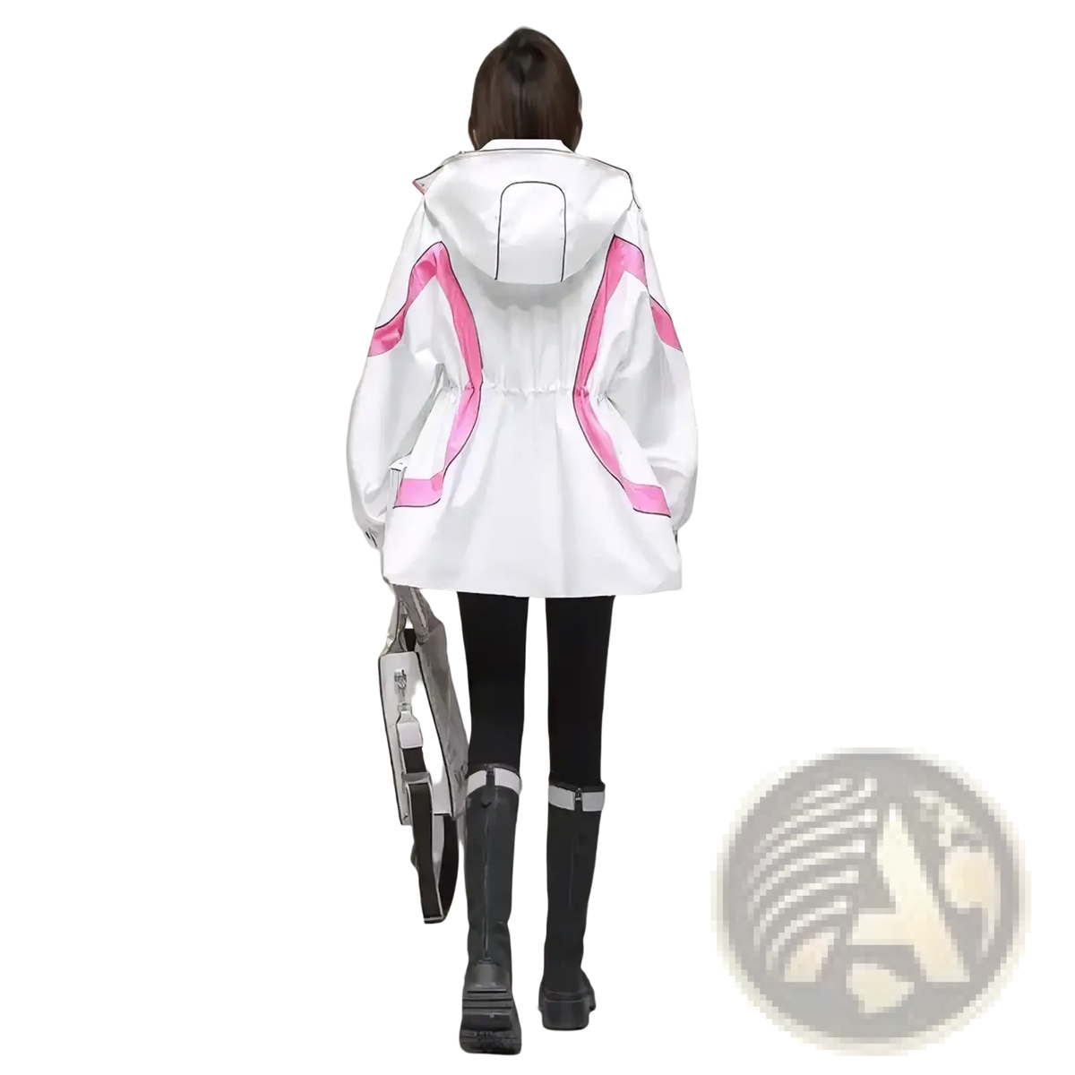 Women’s waterproof hooded trench coat in white with bold pink geometric panels and a sleek modern design