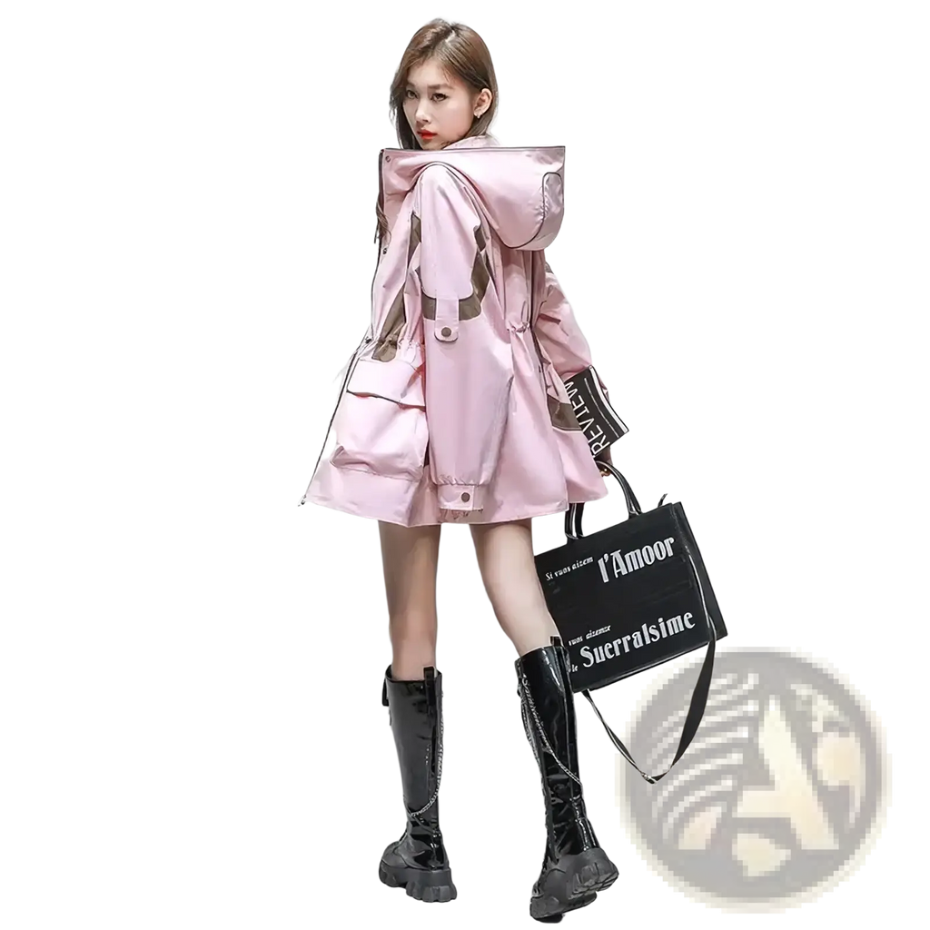 Women’s waterproof hooded trench coat in pink with white accents featuring reflective details and multiple pockets