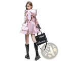 Women’s waterproof hooded trench coat in pink with white accents featuring reflective details and multiple pockets