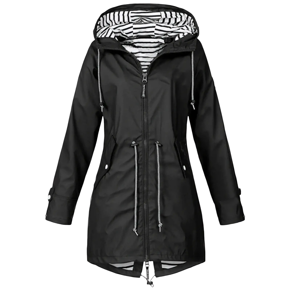 Black waterproof hooded womens raincoat lightweight trench jacket with striped interior lining and silver zipper accents
