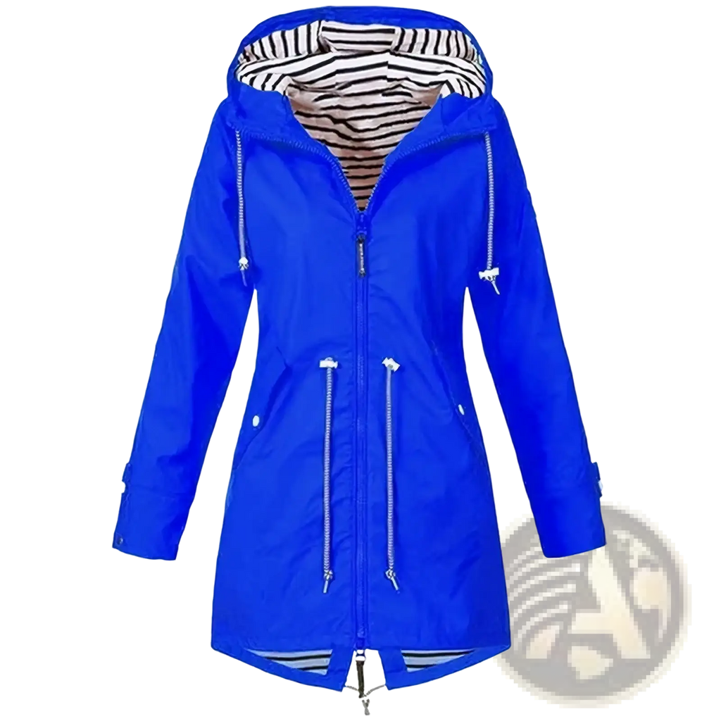 Womens bright blue lightweight waterproof raincoat with striped hood lining and front zipper pockets