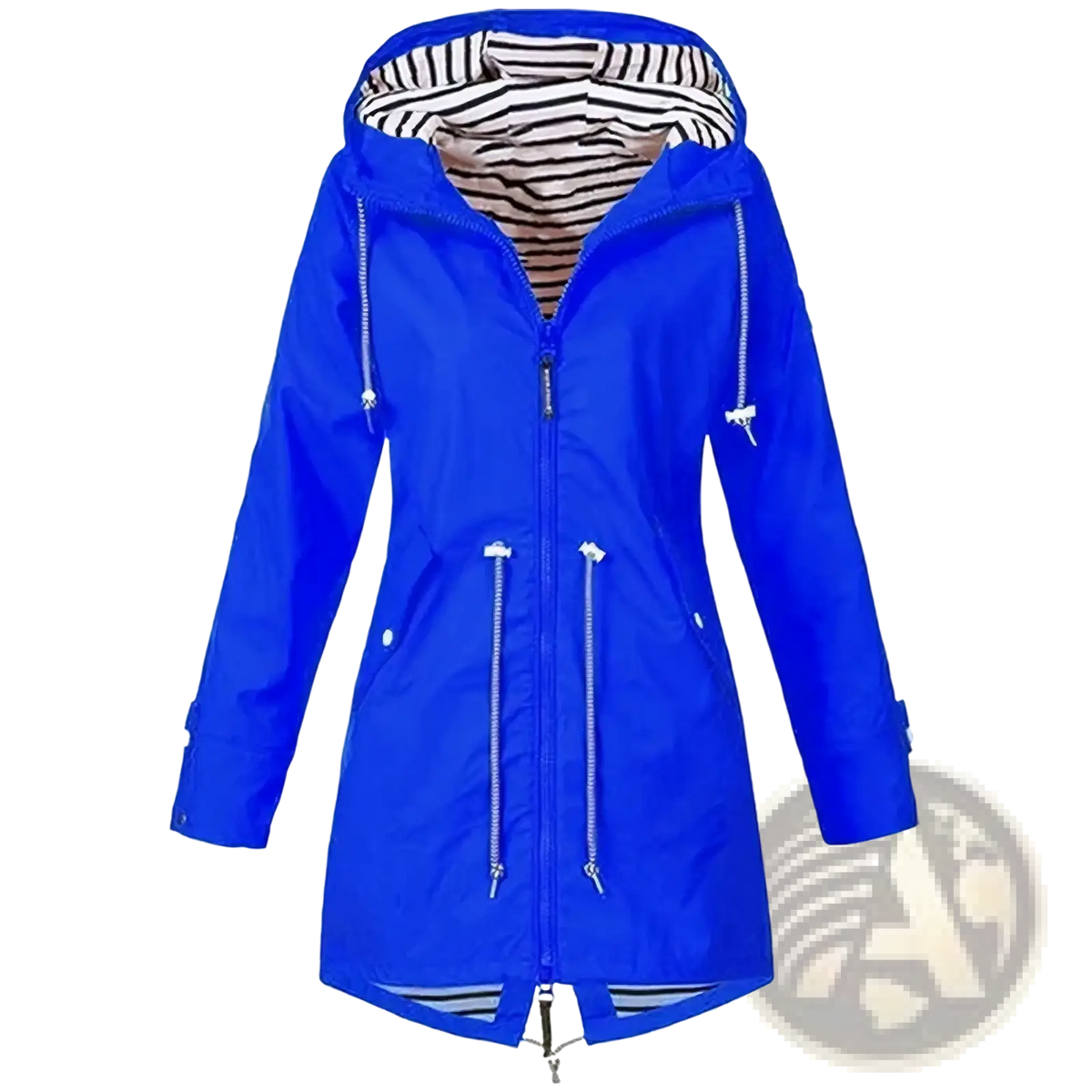 Womens bright blue lightweight waterproof raincoat with striped hood lining and front zipper pockets