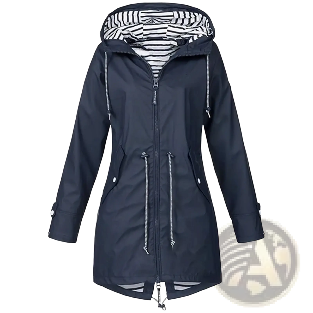 Navy blue womens waterproof raincoat with hood striped interior lining and silver zipper accents lightweight trench jacket