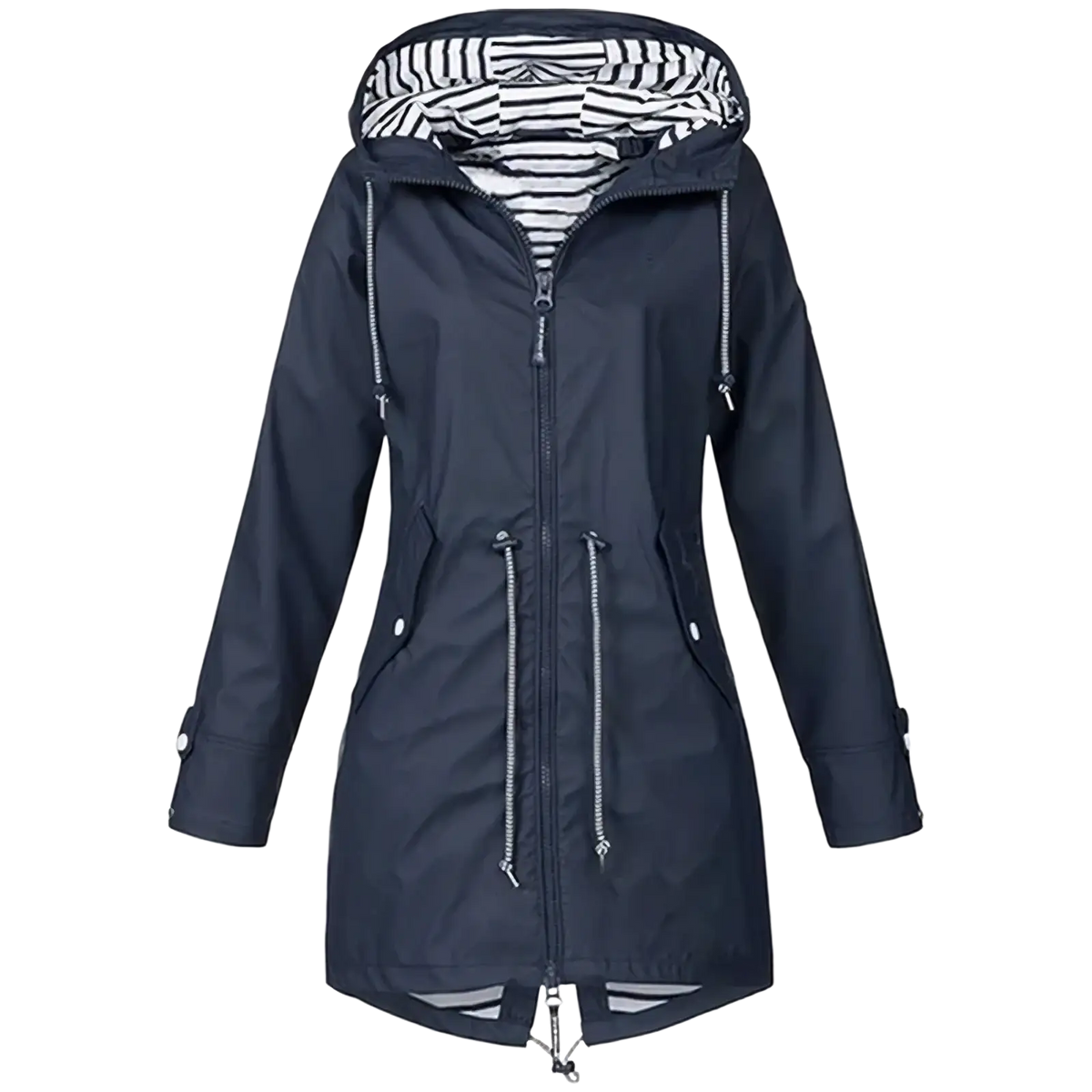 Navy blue womens waterproof raincoat with hood striped interior lining and silver zipper accents lightweight trench jacket
