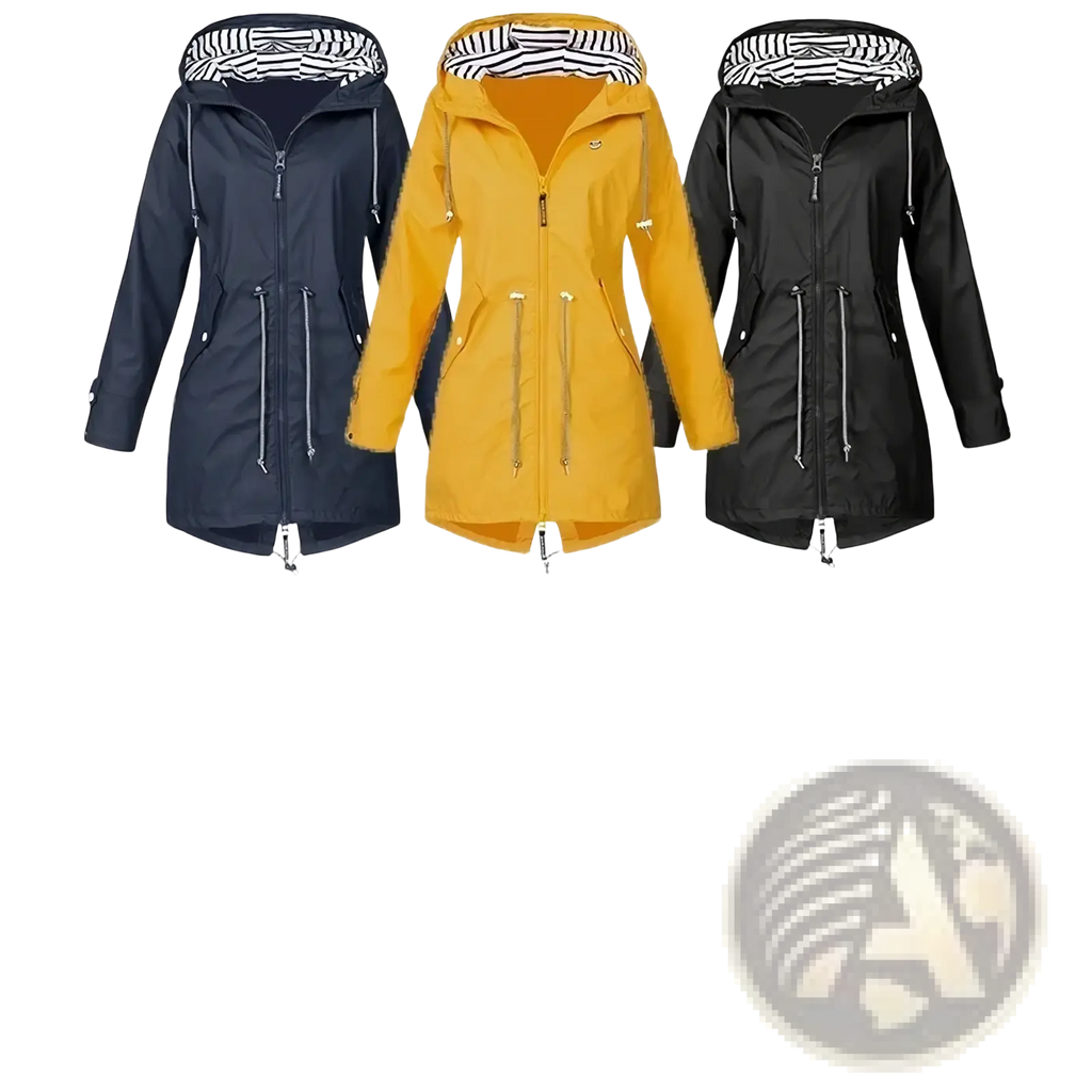 Womens waterproof raincoat lightweight trench jacket in navy yellow and black with zipped pockets and striped lining