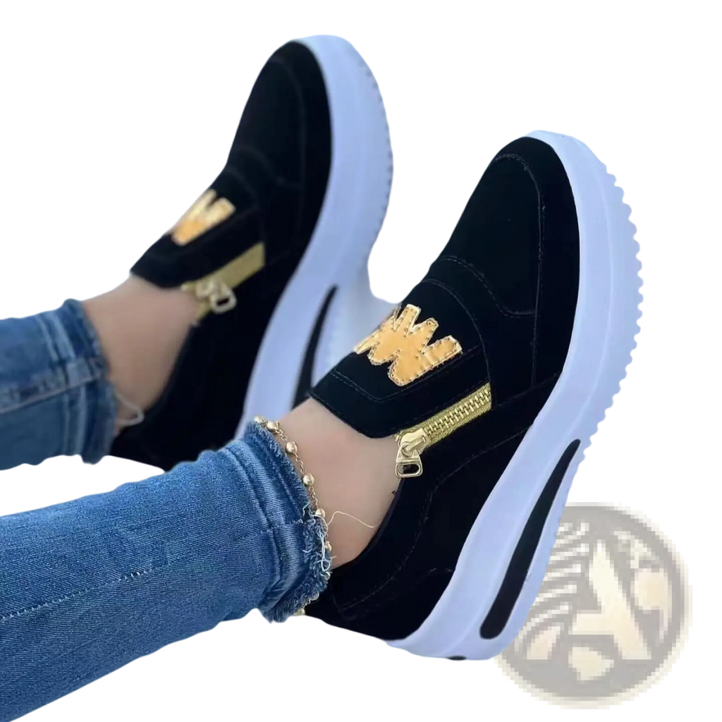 Black suede womens wedge slip-on sneakers with gold zipper embroidered logo and thick white sole