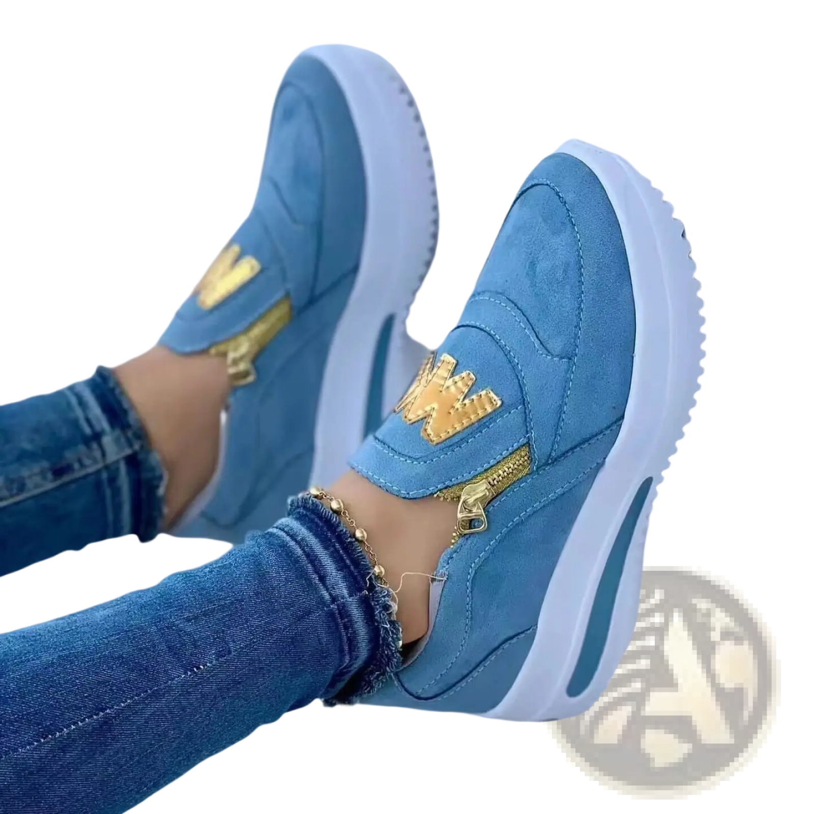 Women’s light blue suede wedge slip-on sneakers with gold-tone zipper accents and white platform sole