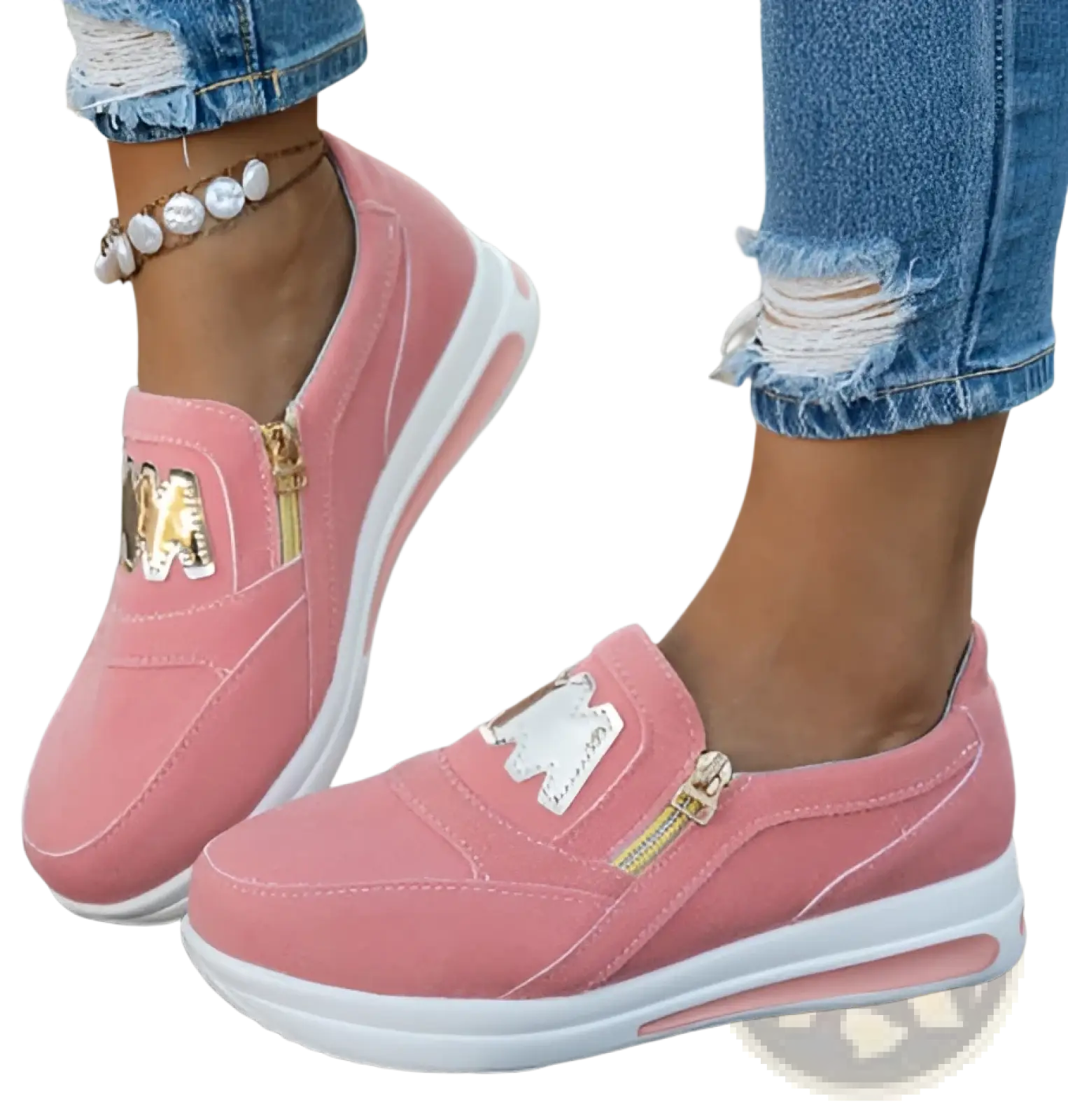 Women’s pink wedge slip-on sneakers with white rubber sole gold zipper accents and decorative metallic lettering