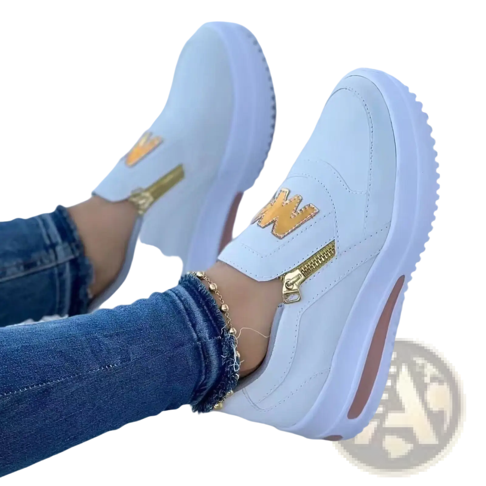 Women’s white wedge slip on sneakers with gold zipper and logo detailing for casual wear
