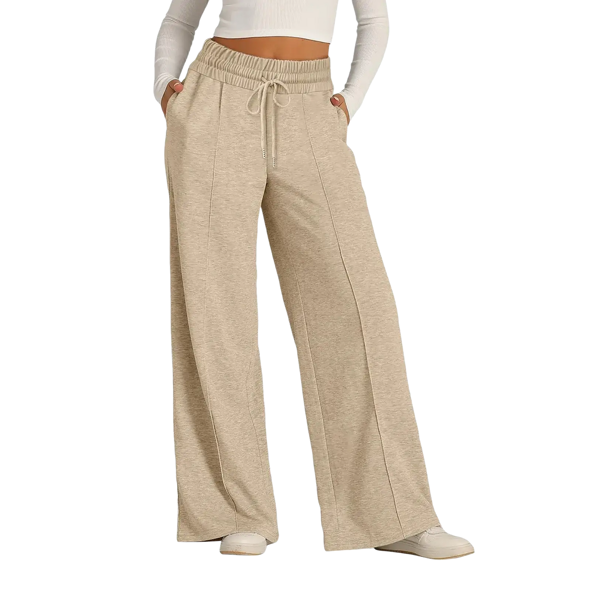 Beige women’s wide leg fleece lined sweatpants with elastic waistband and drawstring in a soft textured fabric