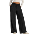 Women’s wide leg fleece lined sweatpants in black with elastic waistband drawstring and subtle front pleat pattern type