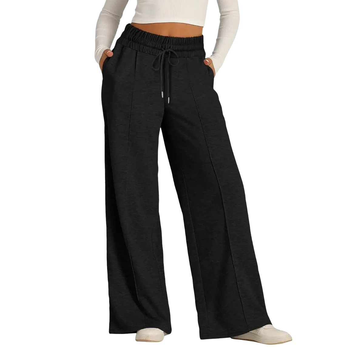 Women’s wide leg fleece lined sweatpants in black with elastic waistband drawstring and subtle front pleat pattern type