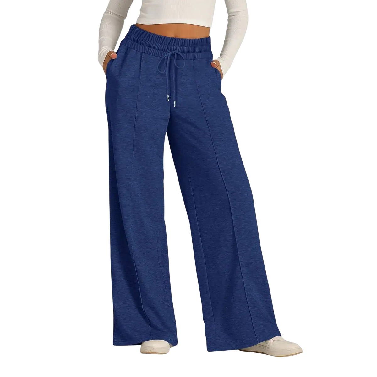 Women’s wide leg fleece lined sweatpants in blue with elastic waistband and soft textured fabric pattern type wide leg