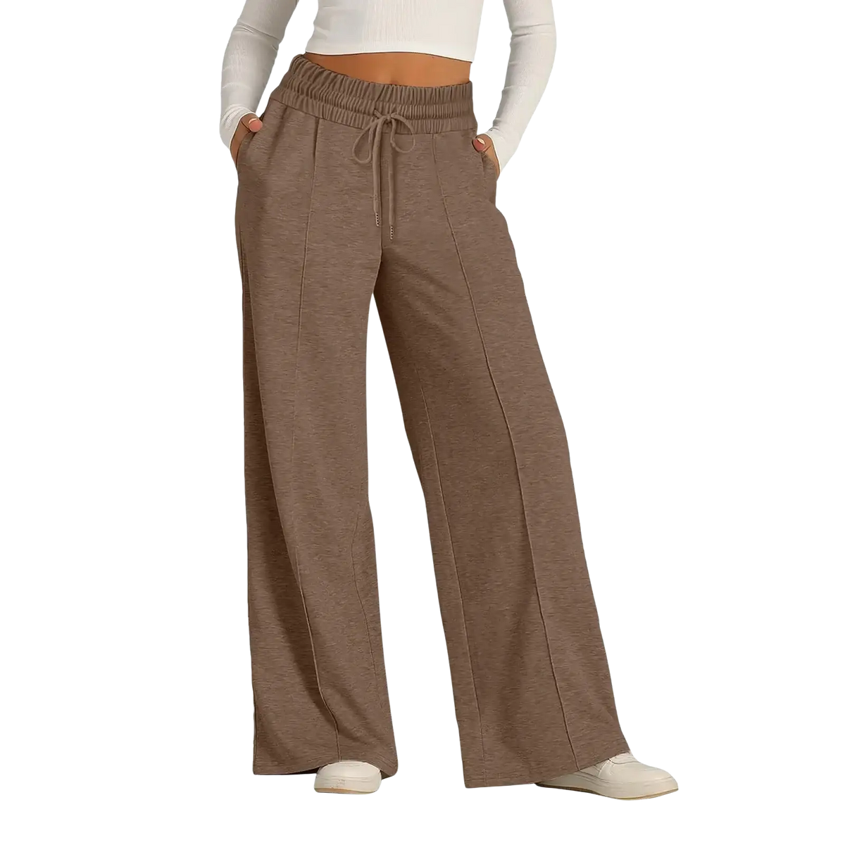 Women’s wide leg fleece lined sweatpants in brown with elastic waistband drawstring and soft textured fabric pattern type