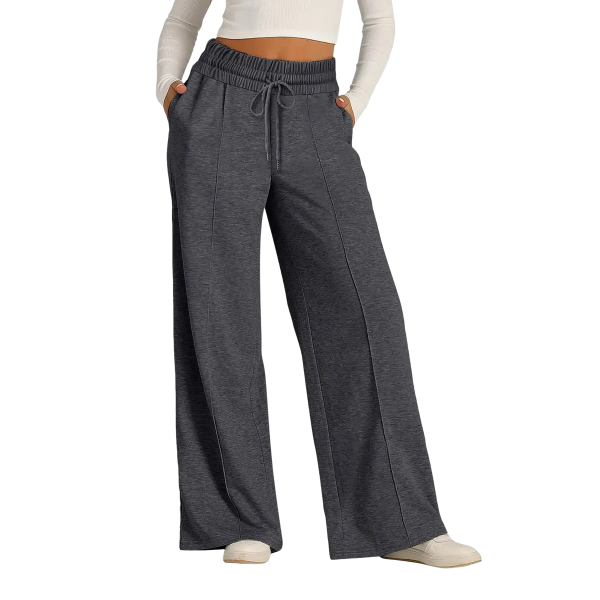 Dark gray wide leg fleece lined sweatpants with elastic waistband and drawstring featuring a solid pattern type