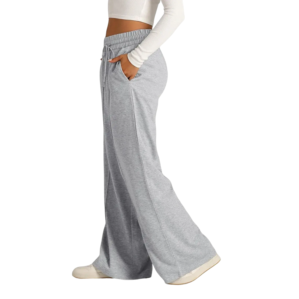 Women’s wide leg fleece lined sweatpants in gray heathered pattern with elastic waistband and drawstring closure