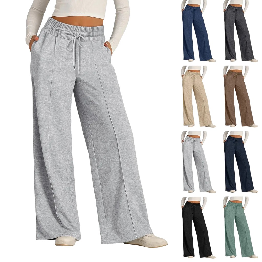 Women’s wide leg fleece lined sweatpants in gray heathered pattern with elastic waistband and drawstring closure