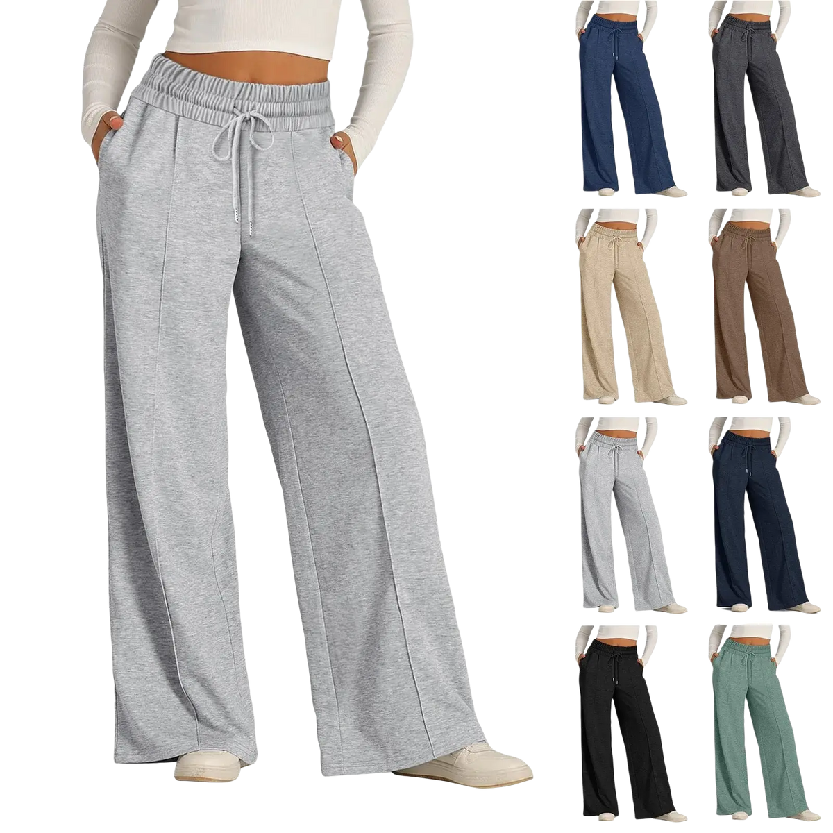 Women’s wide leg fleece lined sweatpants in gray heathered pattern with elastic waistband and drawstring closure