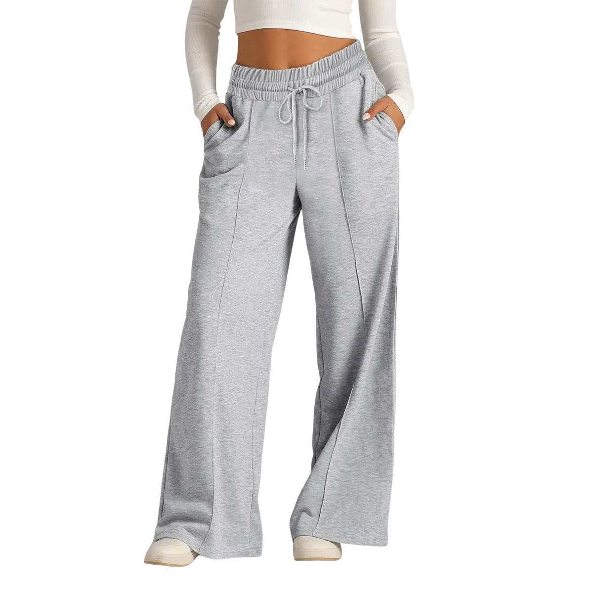 Women’s gray heathered wide leg fleece lined sweatpants with elastic waistband and drawstring in a wide leg pattern type