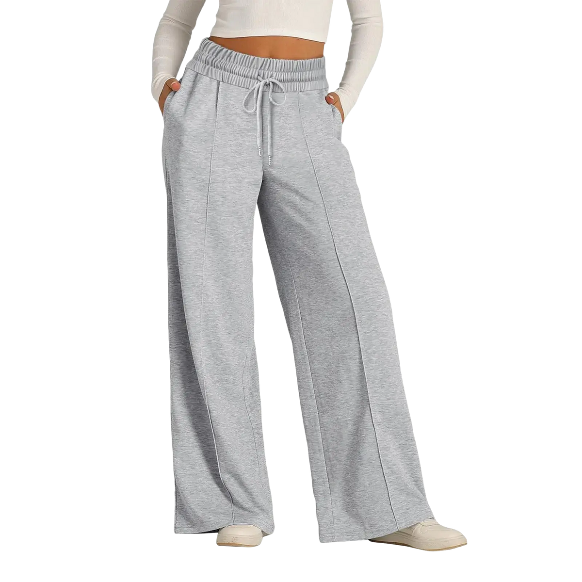 Women’s wide leg fleece lined sweatpants in gray heathered pattern with elastic waistband and matching drawstring