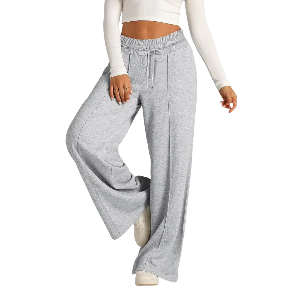 Women’s wide leg fleece lined sweatpants in gray heathered pattern with elastic waistband and drawstring closure