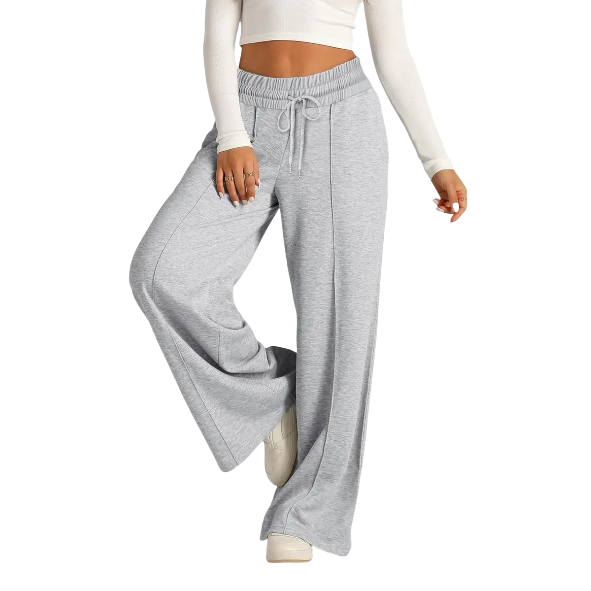 Women’s wide leg fleece lined sweatpants in gray heathered pattern with elastic waistband and drawstring closure
