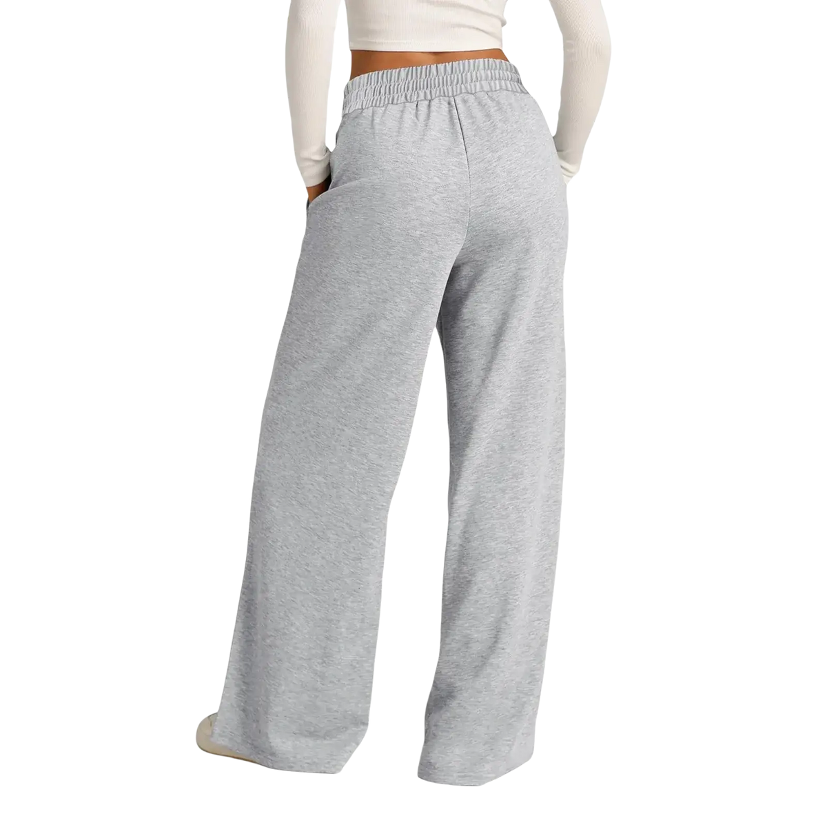 Women’s wide leg fleece lined sweatpants in gray heathered pattern with elastic waistband for comfort and warmth