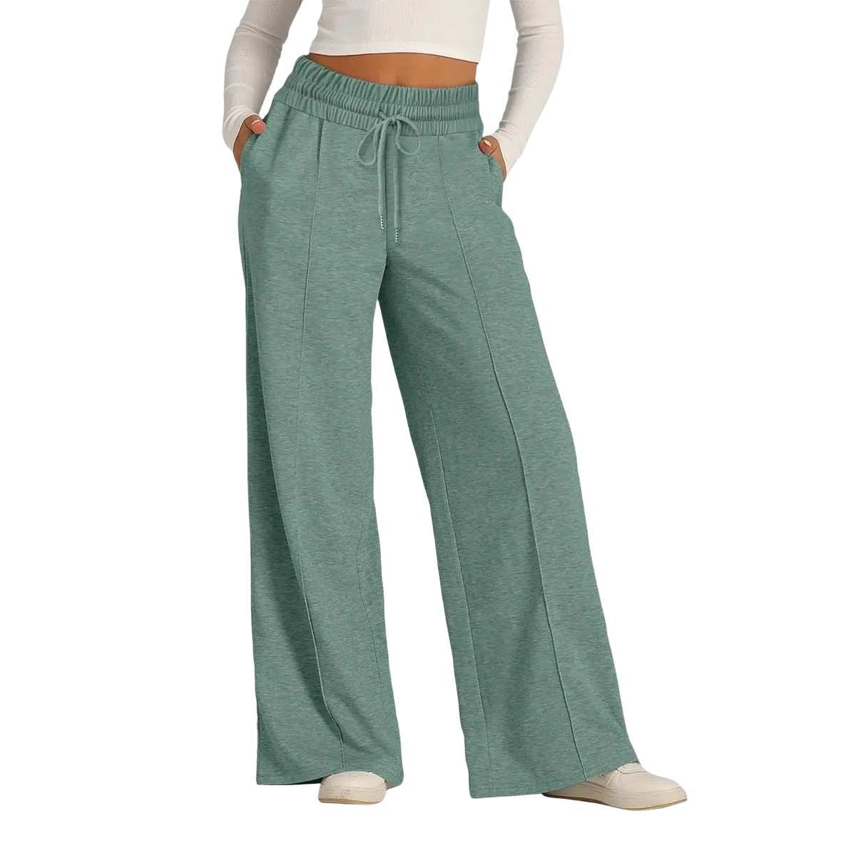 Women’s wide leg fleece lined sweatpants in mint green with elastic waistband and drawstring featuring a solid pattern type