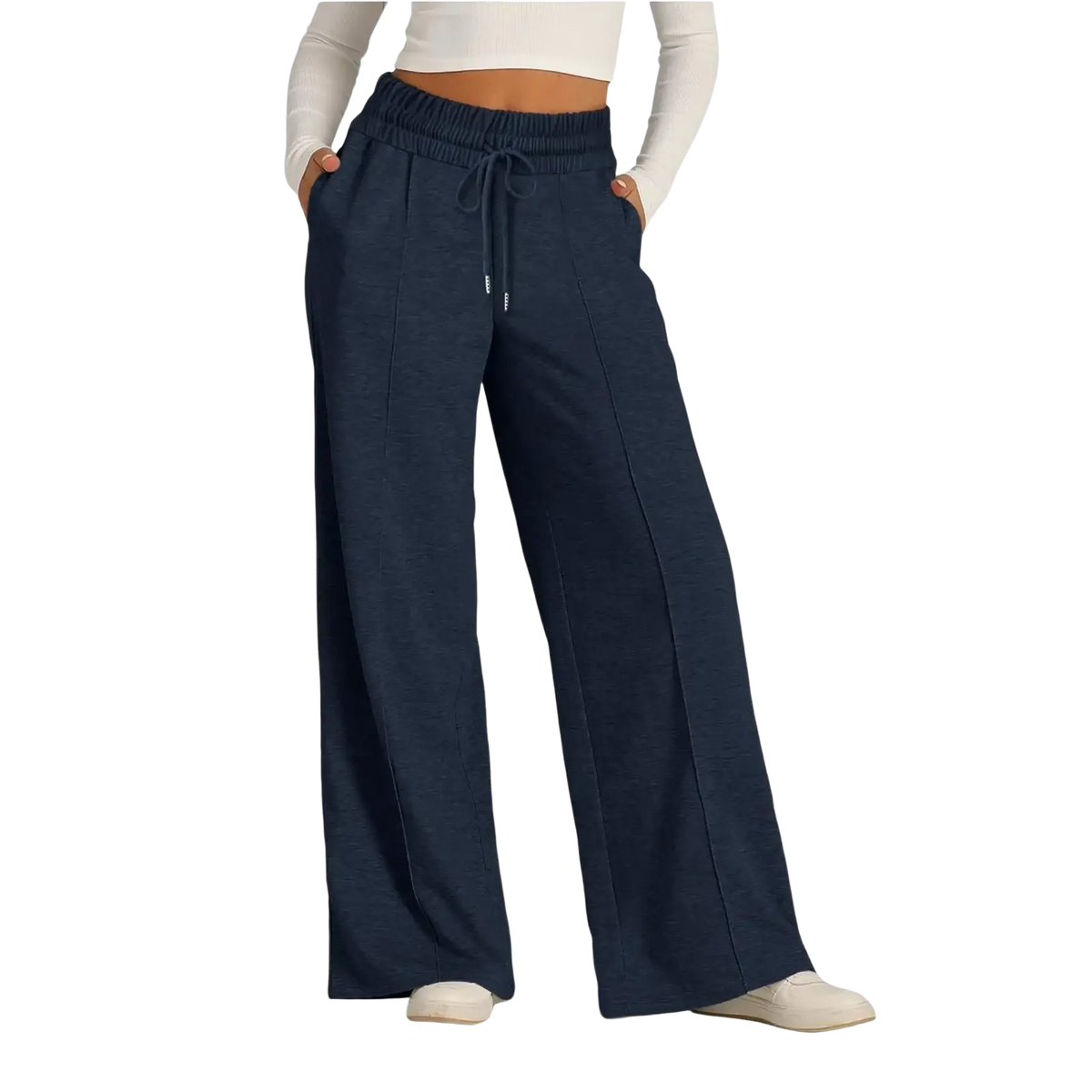 Women’s navy blue wide leg fleece lined sweatpants with elastic waistband, drawstring, relaxed fit, and subtle front pleats