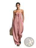 Women’s wide leg strapless summer jumpsuit in soft pink lightweight fabric with gathered waist and drawstring tie