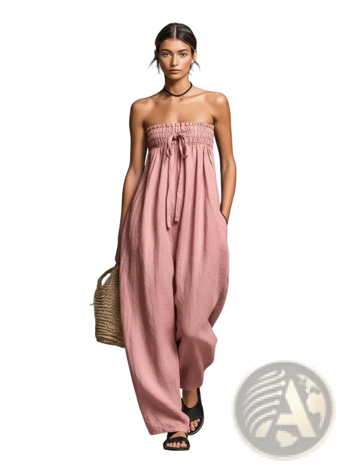 Women’s wide leg strapless summer jumpsuit in soft pink lightweight fabric with gathered waist and drawstring tie