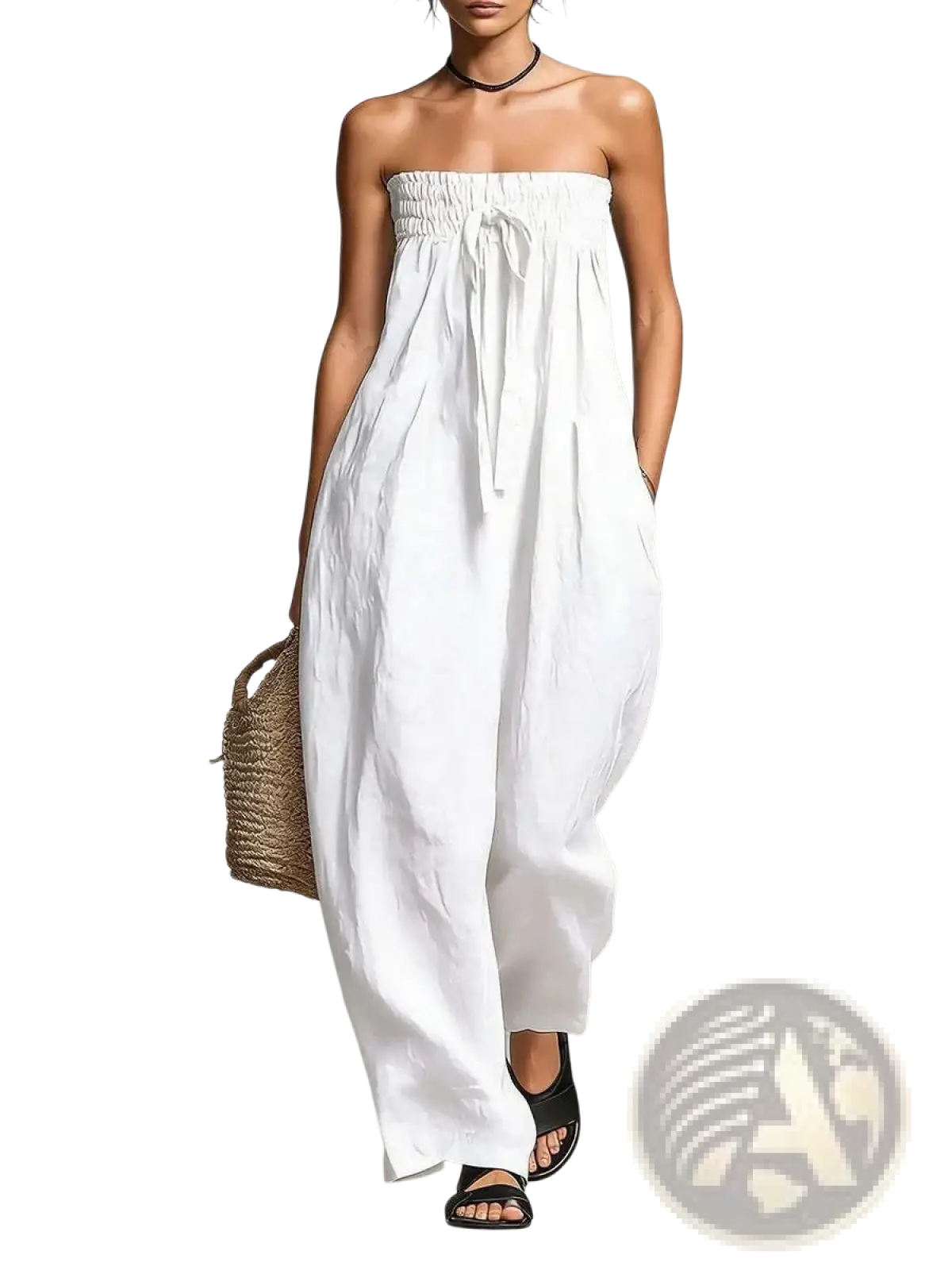 White loose-fitting strapless wide leg summer jumpsuit with gathered waist and drawstring tie for women