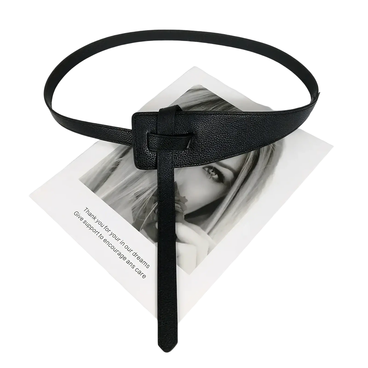 Women’s wide black pu leather waist belt with minimalist rectangular buckle and single strap extending downward