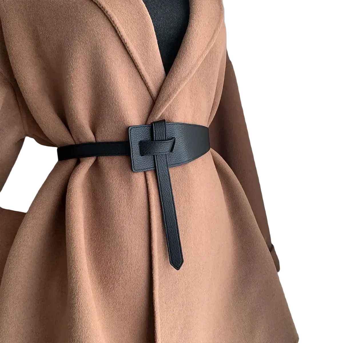 Black wide pu leather knot waist belt with minimalist rectangular buckle and tapered strap ends for women