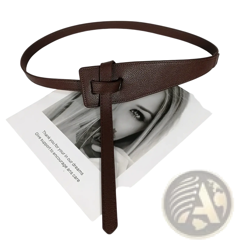 Brown leather wide pu leather knot waist belt with textured surface and simple rectangular buckle for women
