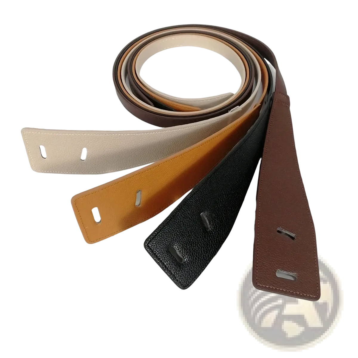 A collection of women’s wide pu leather knot waist belts in beige tan black and brown with stitched edges and metal buckles