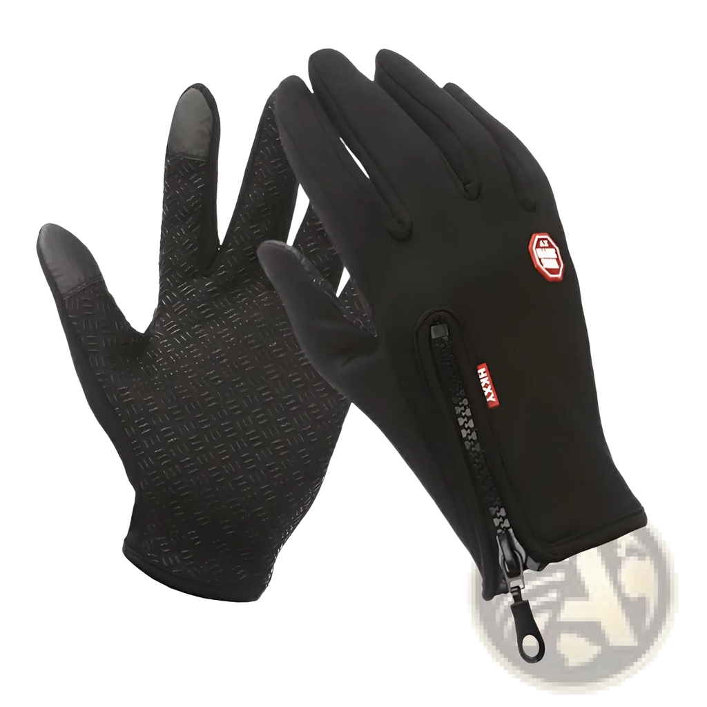 Women’s black winter cycling touchscreen gloves with textured grips and zippered wrist pocket featuring red branding