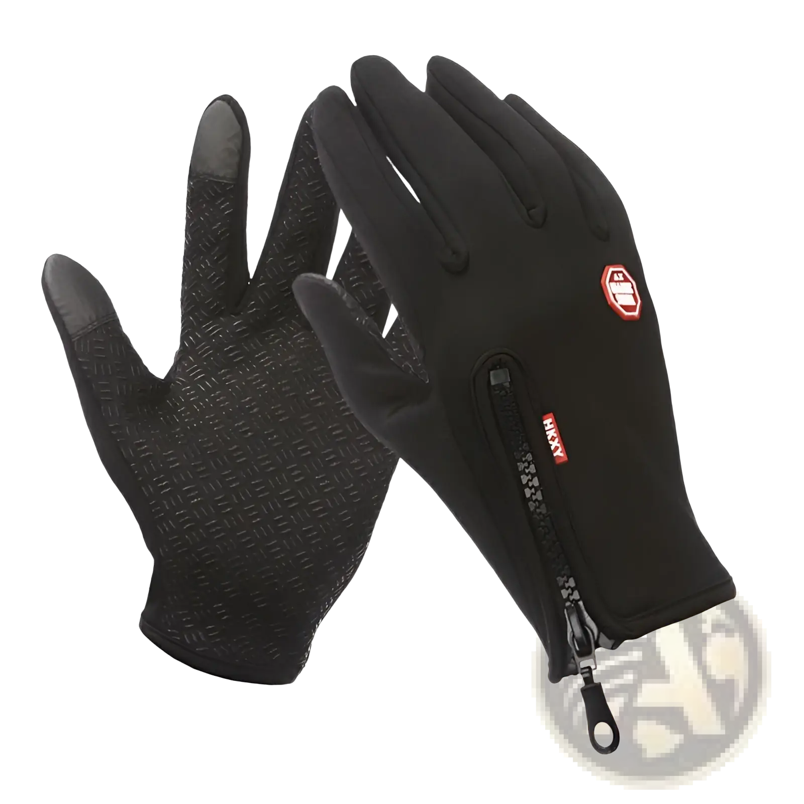 Women’s black winter cycling touchscreen gloves with textured grips and zippered wrist pocket featuring red branding